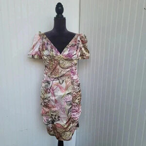 Donna Rae Satin Shiny Pink Green Day Stretch Dress Rutched Short Puff Sleeves 6